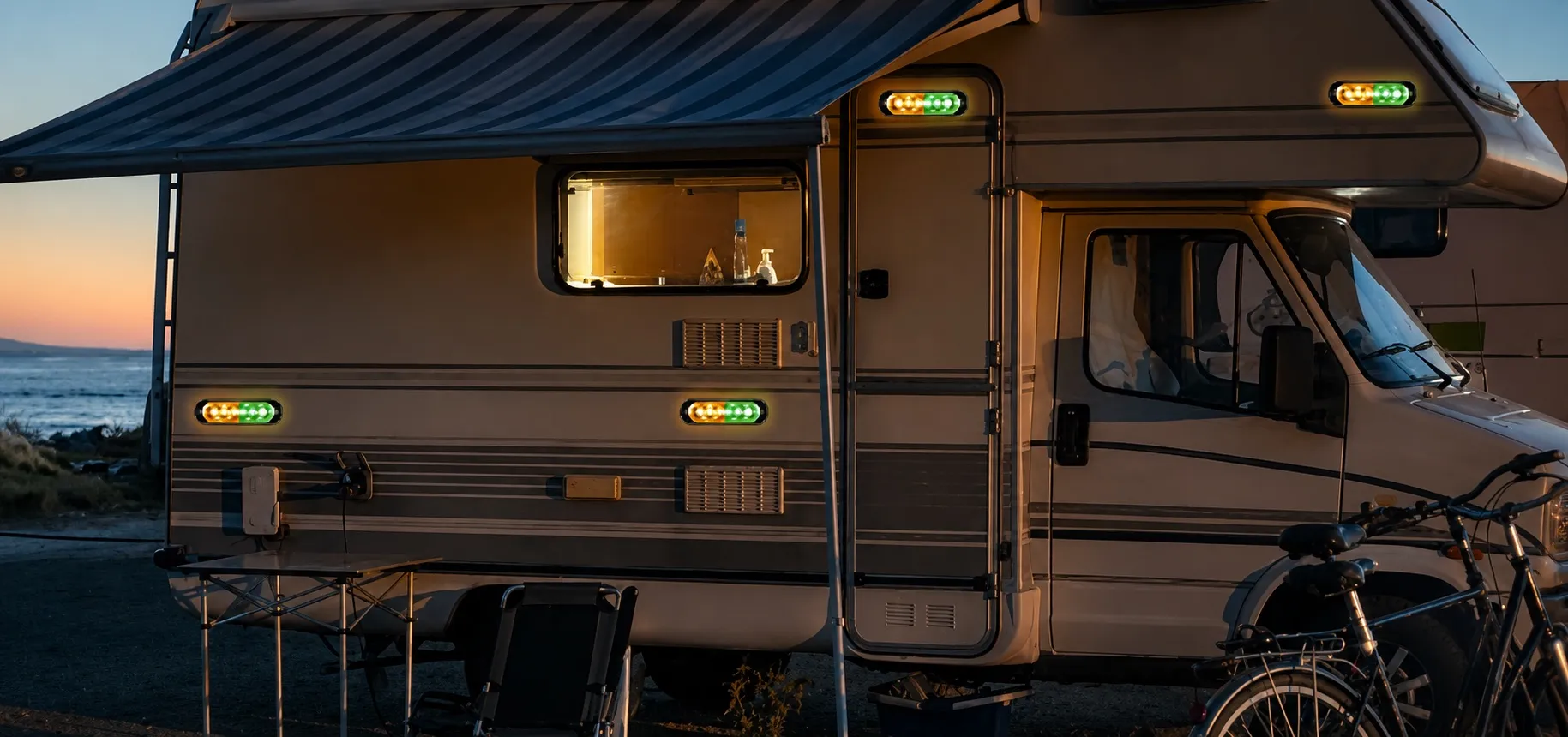 Camper van at dusk fitted with amber and green side marker lights