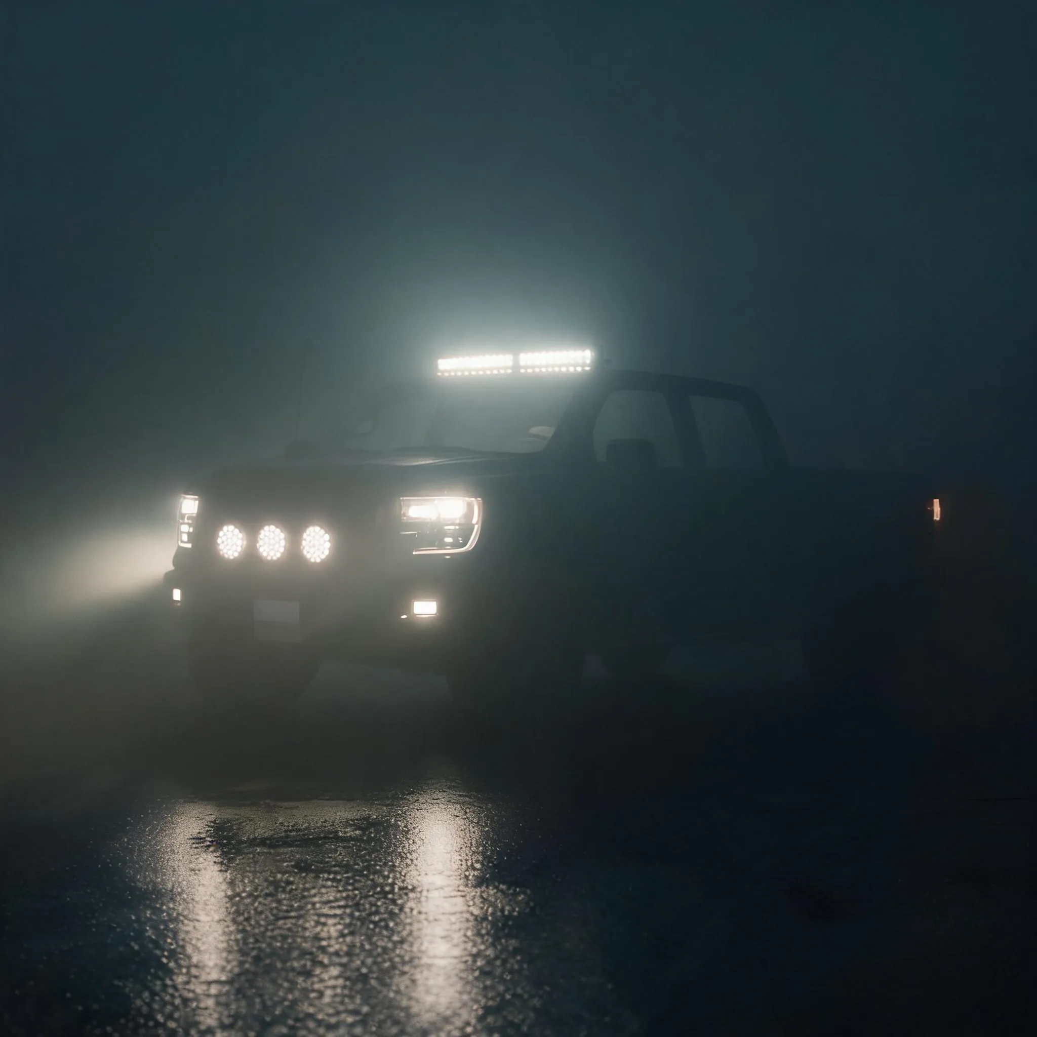 Truck using LED auxiliary lighting in foggy road conditions