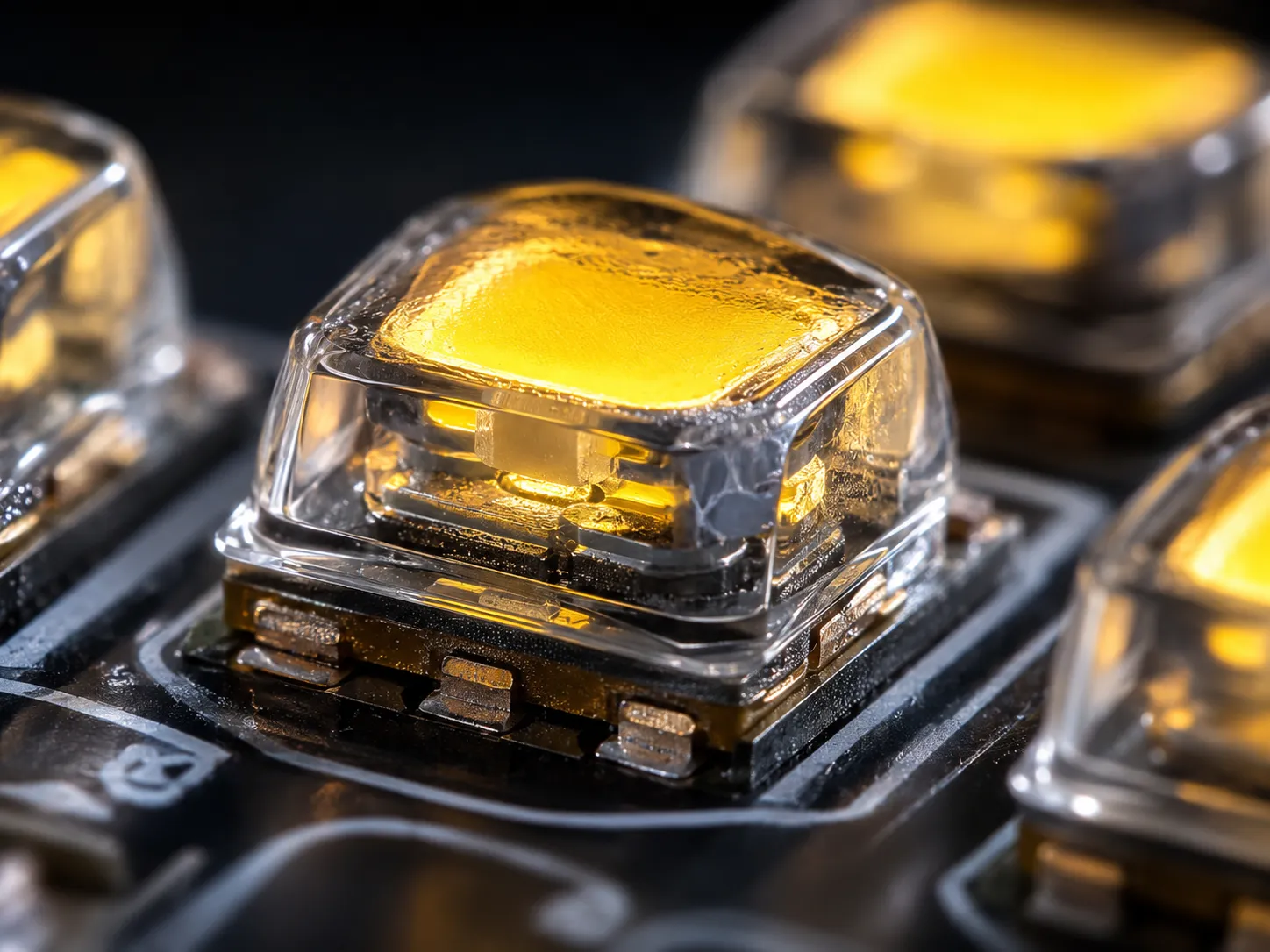 Macro view of sealed LED modules on a circuit board