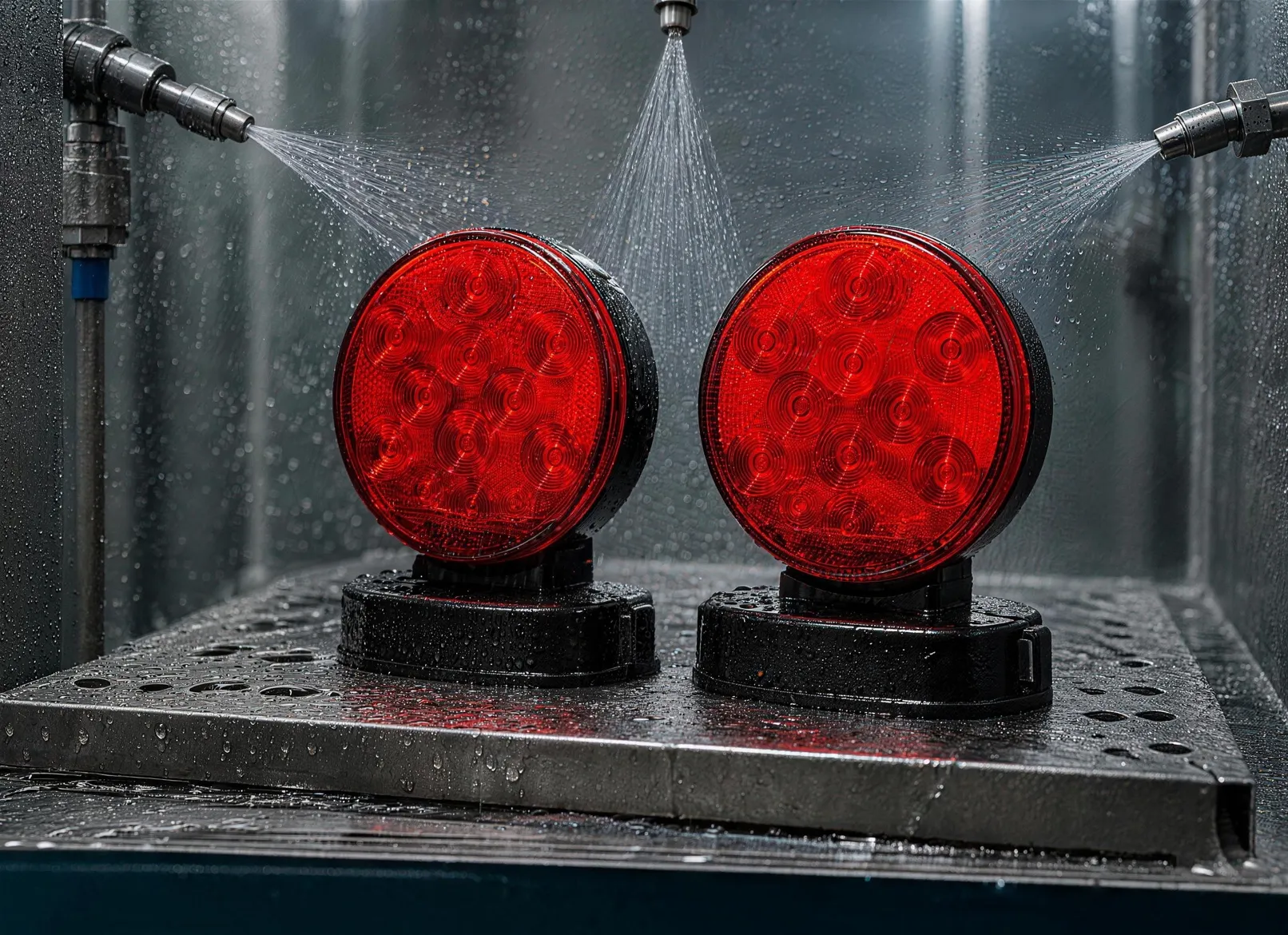 Two magnetic tow lights under spray nozzles in a waterproof test chamber
