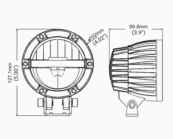 Dimension drawing showing front and side views of the round work light