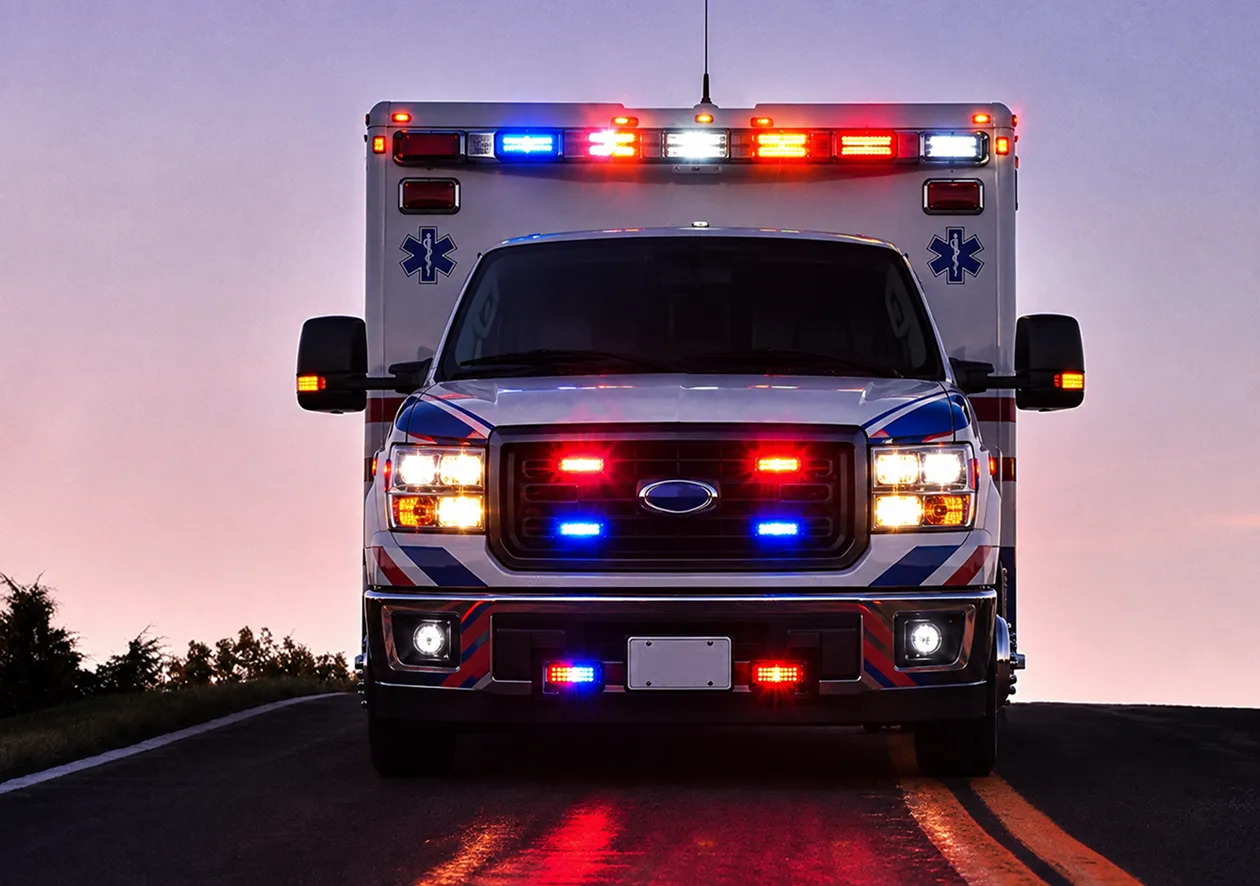 Emergency response vehicle with red and blue lights illuminated