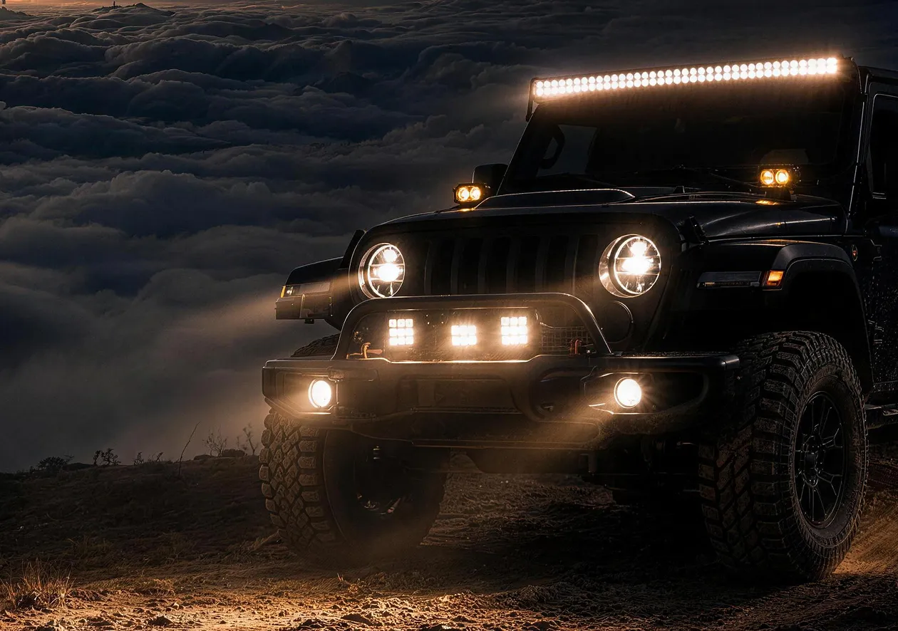 Off-road 4x4 with an LED light bar driving at night