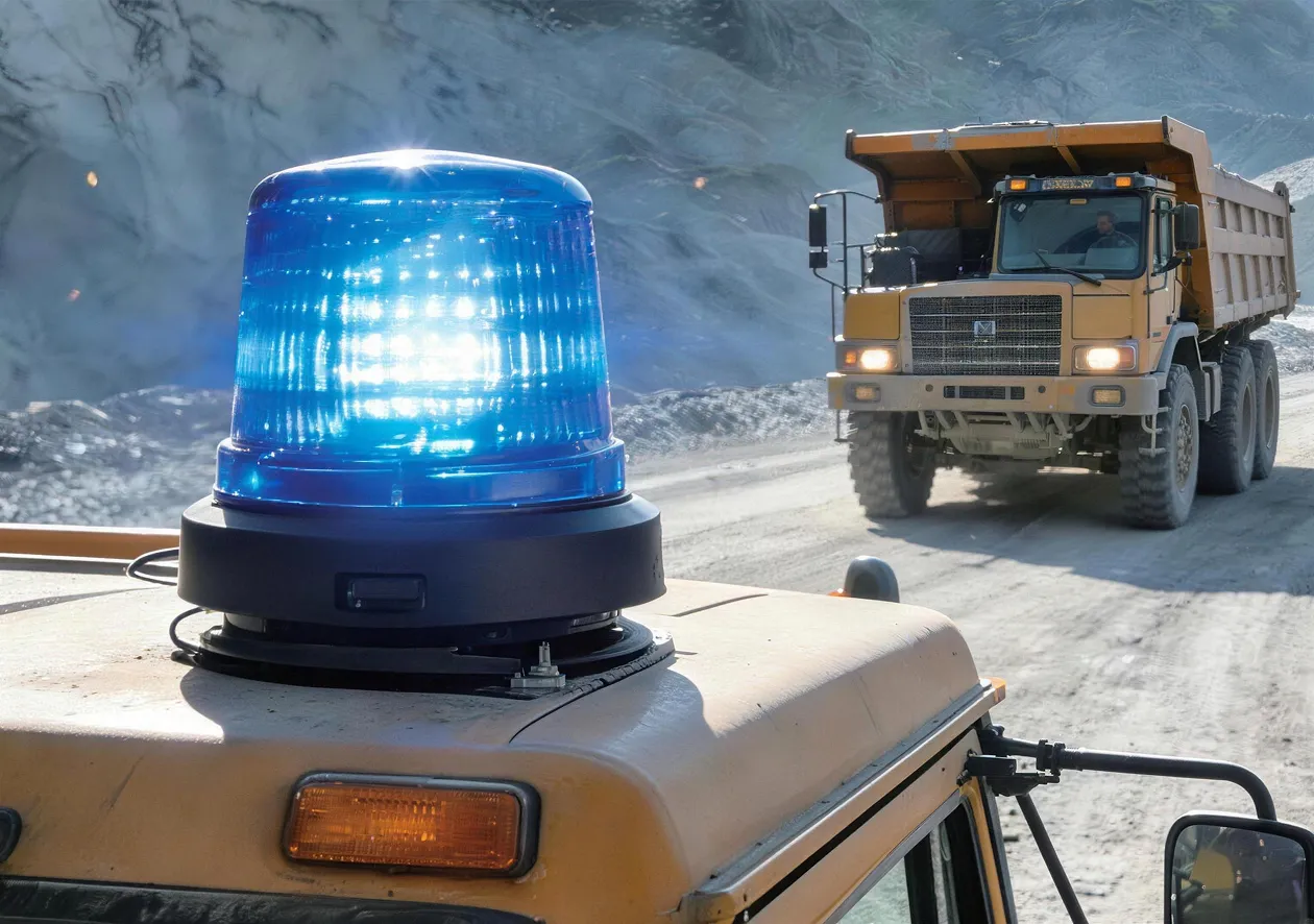 Truck fitted with work lights at night