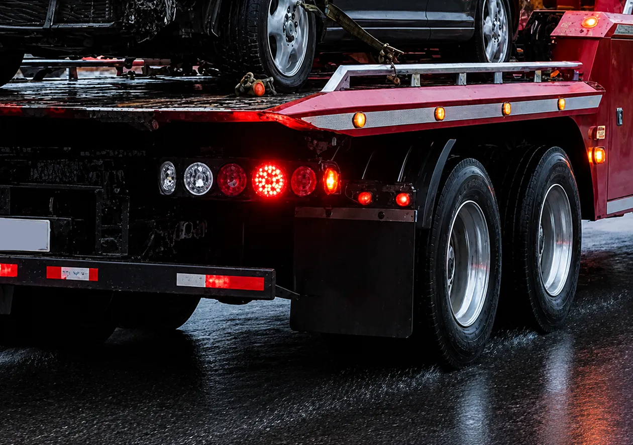 Red trailer lights installed beneath a vehicle
