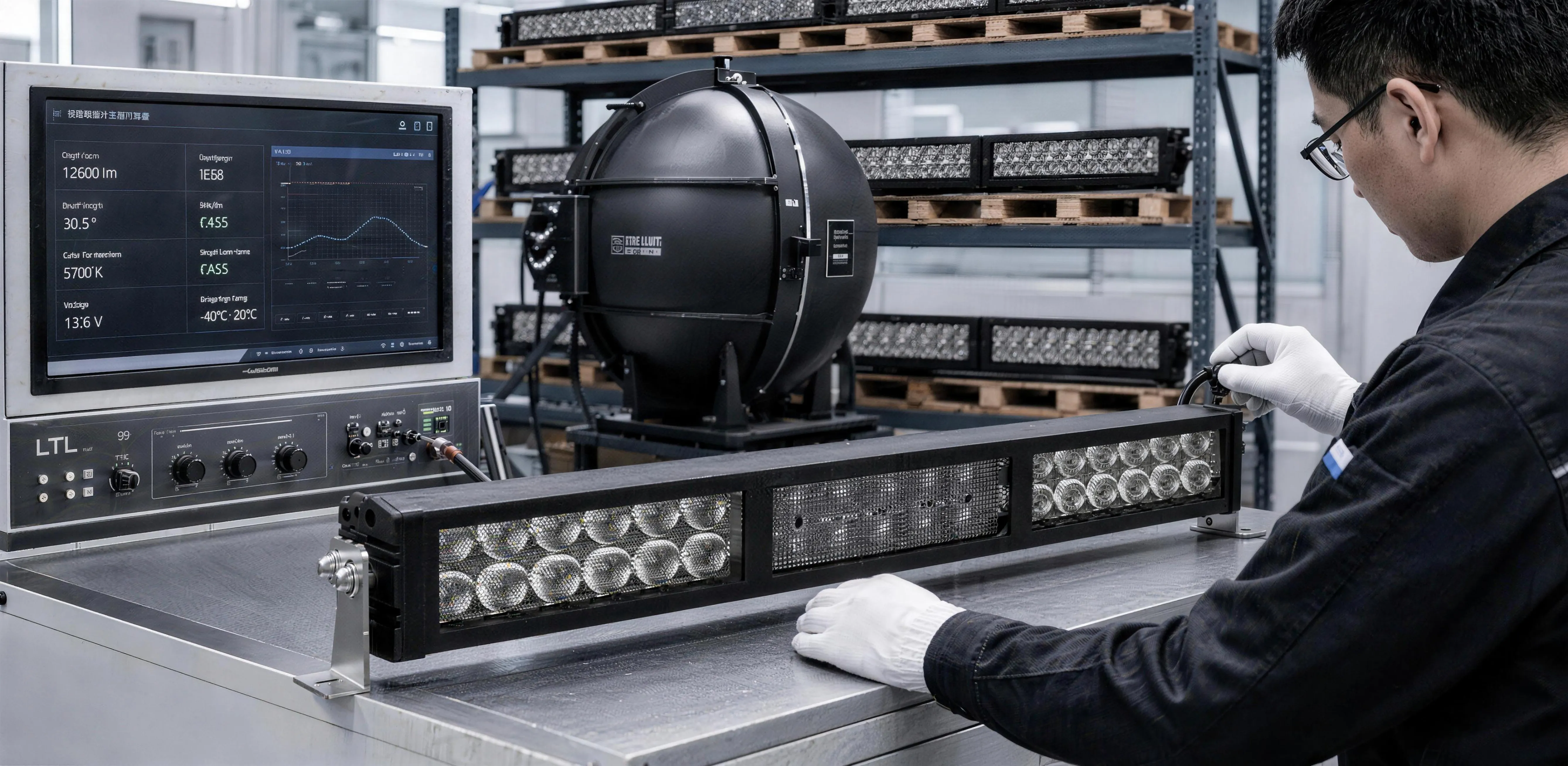 Technician inspecting light bars before production delivery