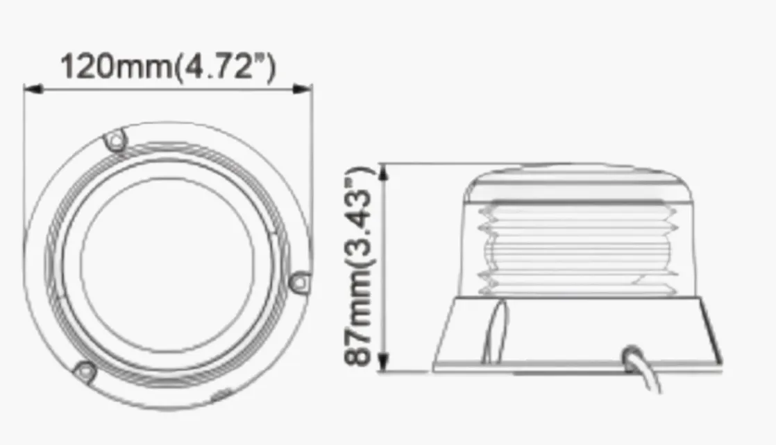 Dimension drawing showing front and side views of the round work light