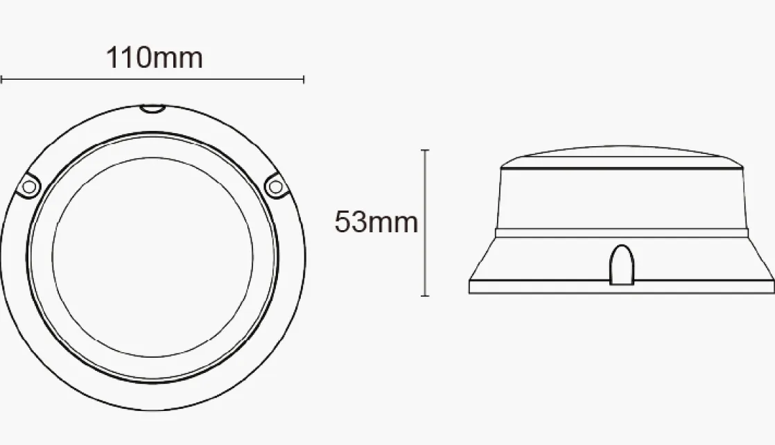 Dimension drawing showing front and side views of the round work light