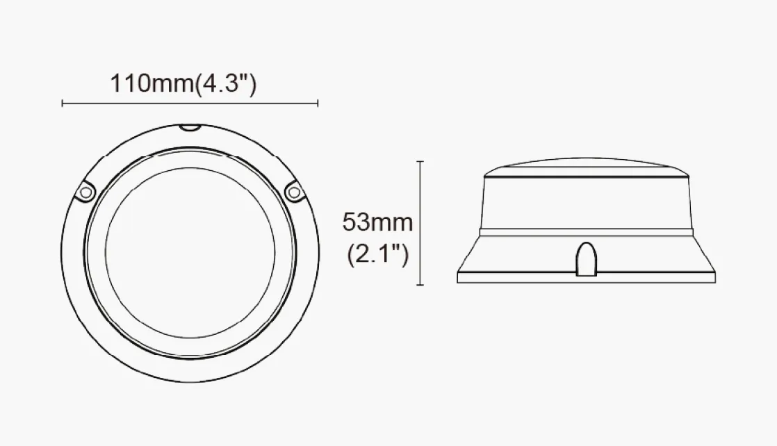 Dimension drawing showing front and side views of the round work light
