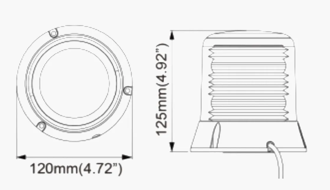 Dimension drawing showing front and side views of the round work light