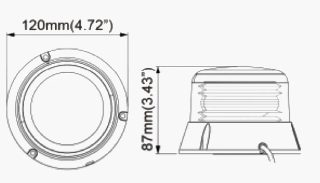 Dimension drawing showing front and side views of the round work light