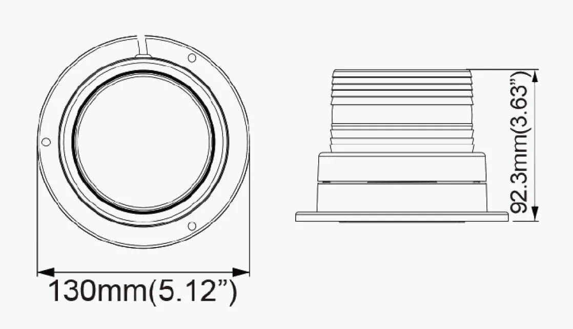 Dimension drawing showing front and side views of the round work light