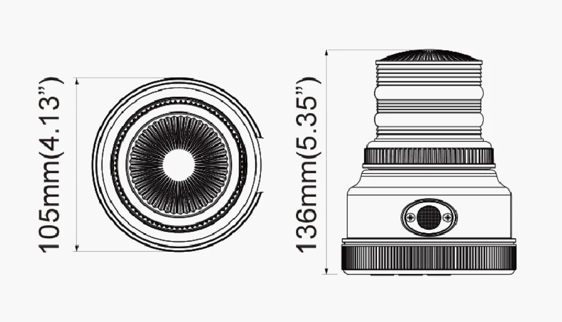Dimension drawing showing front and side views of the round work light