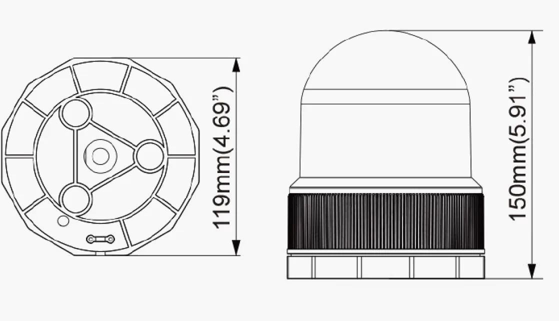 Dimension drawing showing front and side views of the round work light