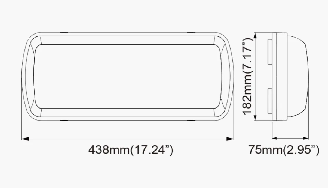 Dimension drawing showing front and side views of the round work light