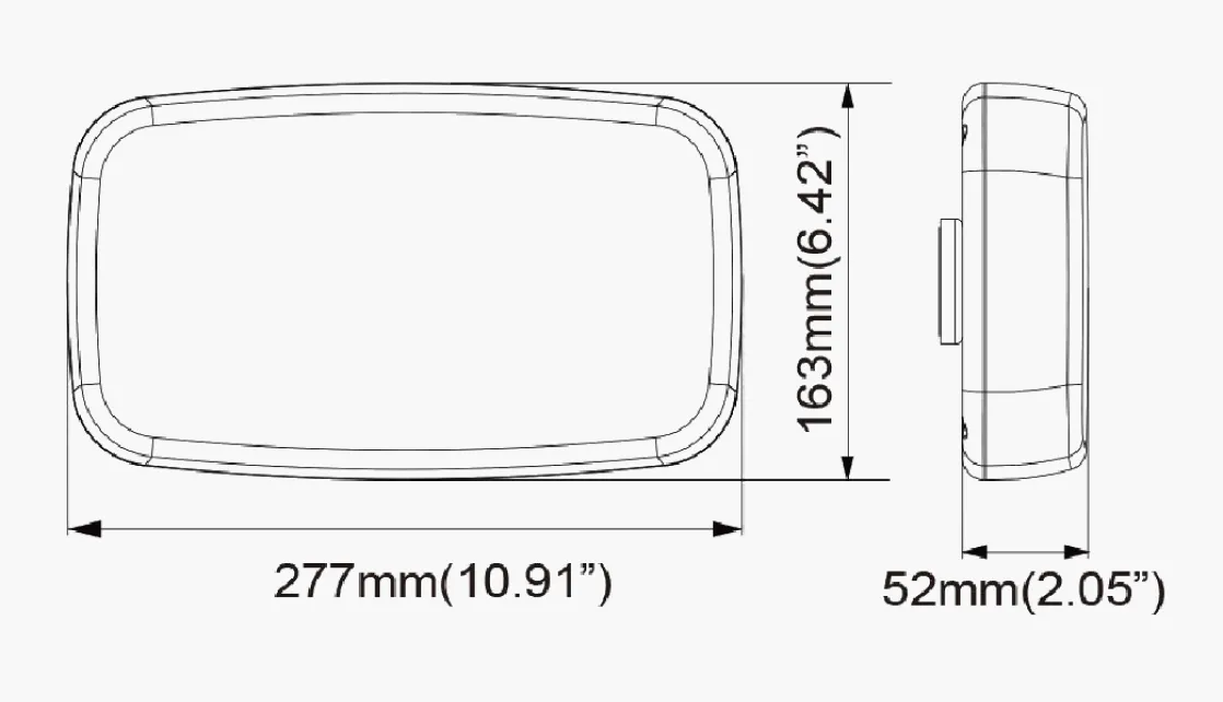 Dimension drawing showing front and side views of the round work light