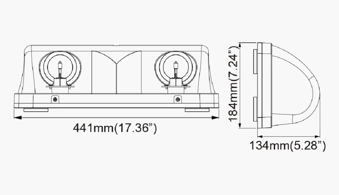 Dimension drawing showing front and side views of the round work light