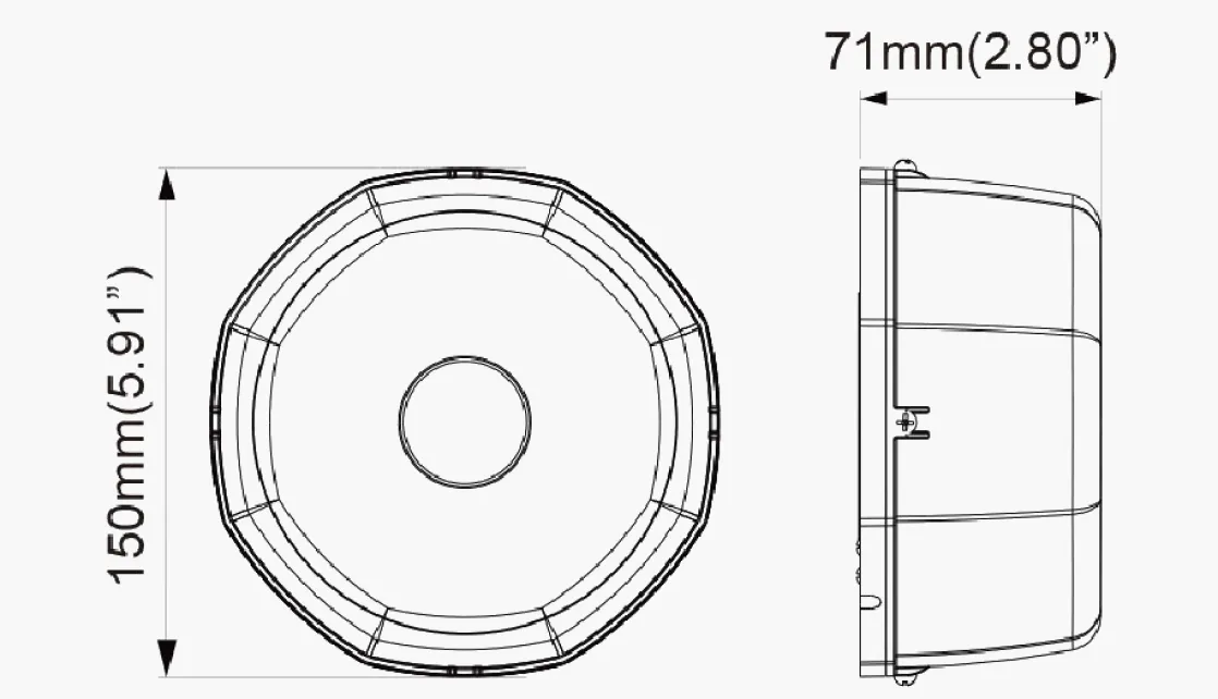 Dimension drawing showing front and side views of the round work light