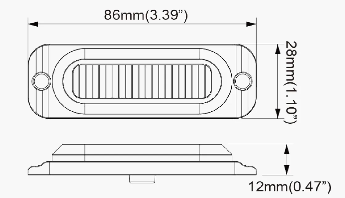 Dimension drawing showing front and side views of the round work light