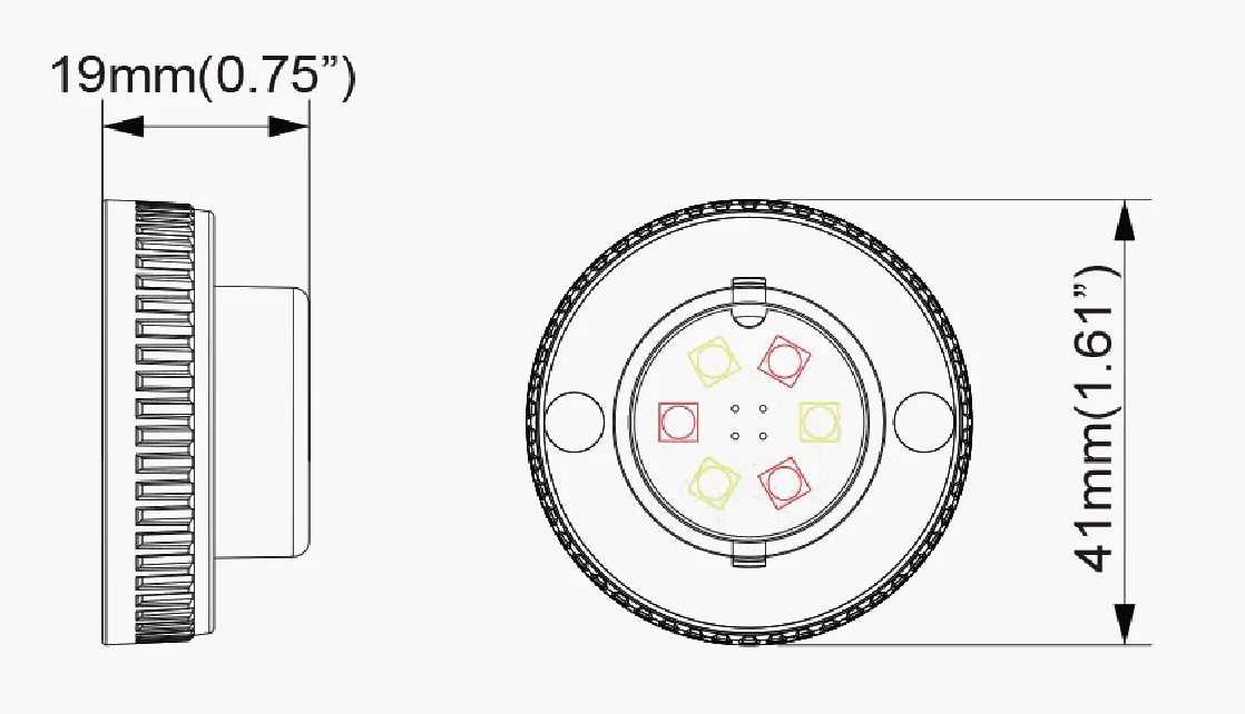 Dimension drawing showing front and side views of the round work light