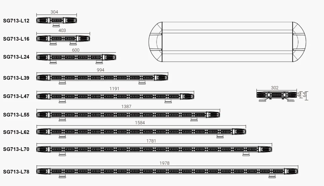 Dimension drawing showing front and side views of the round work light