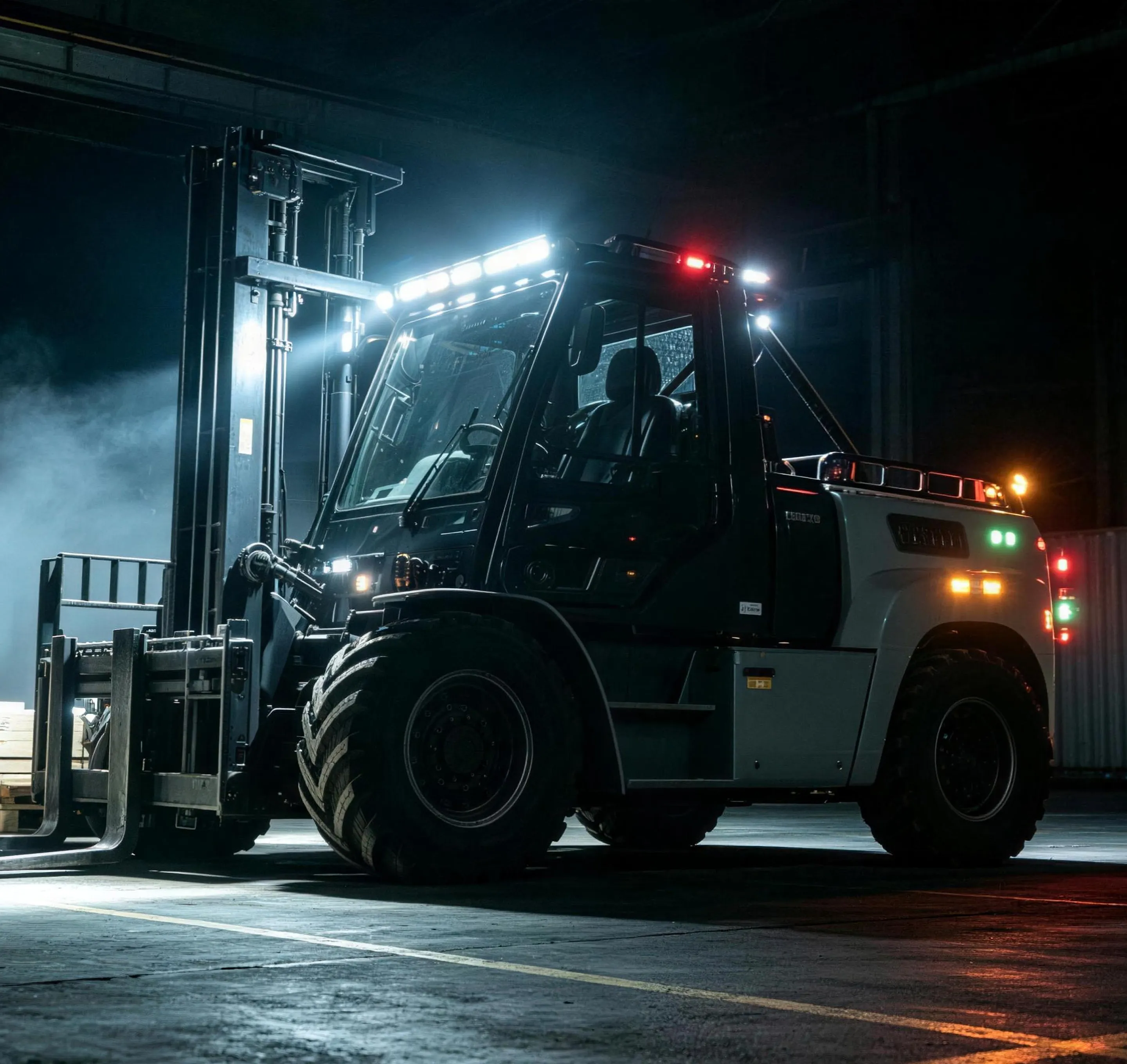 Forklift operating in a warehouse with bright LED work lights