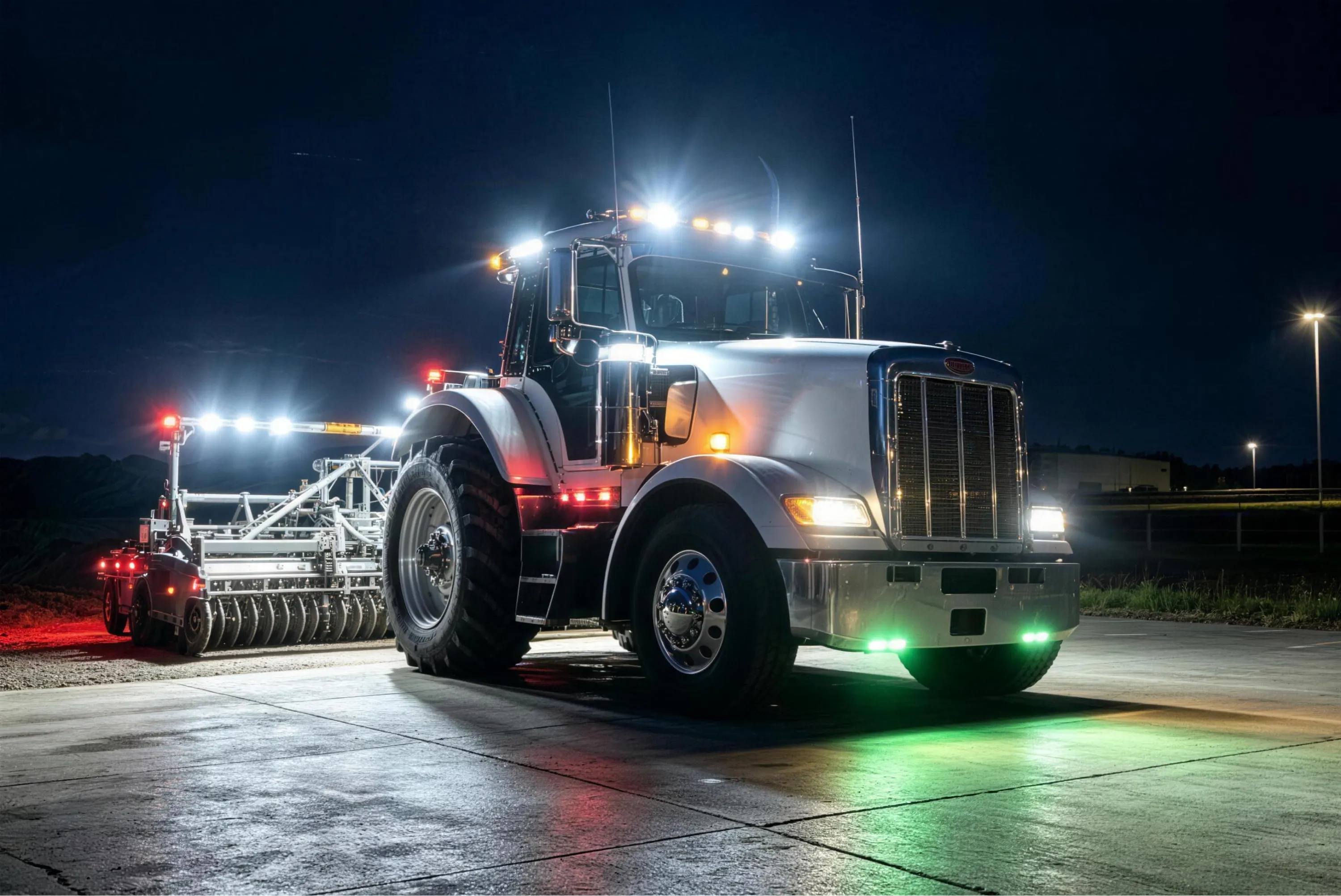 Agricultural tractor fitted with bright LED work lights