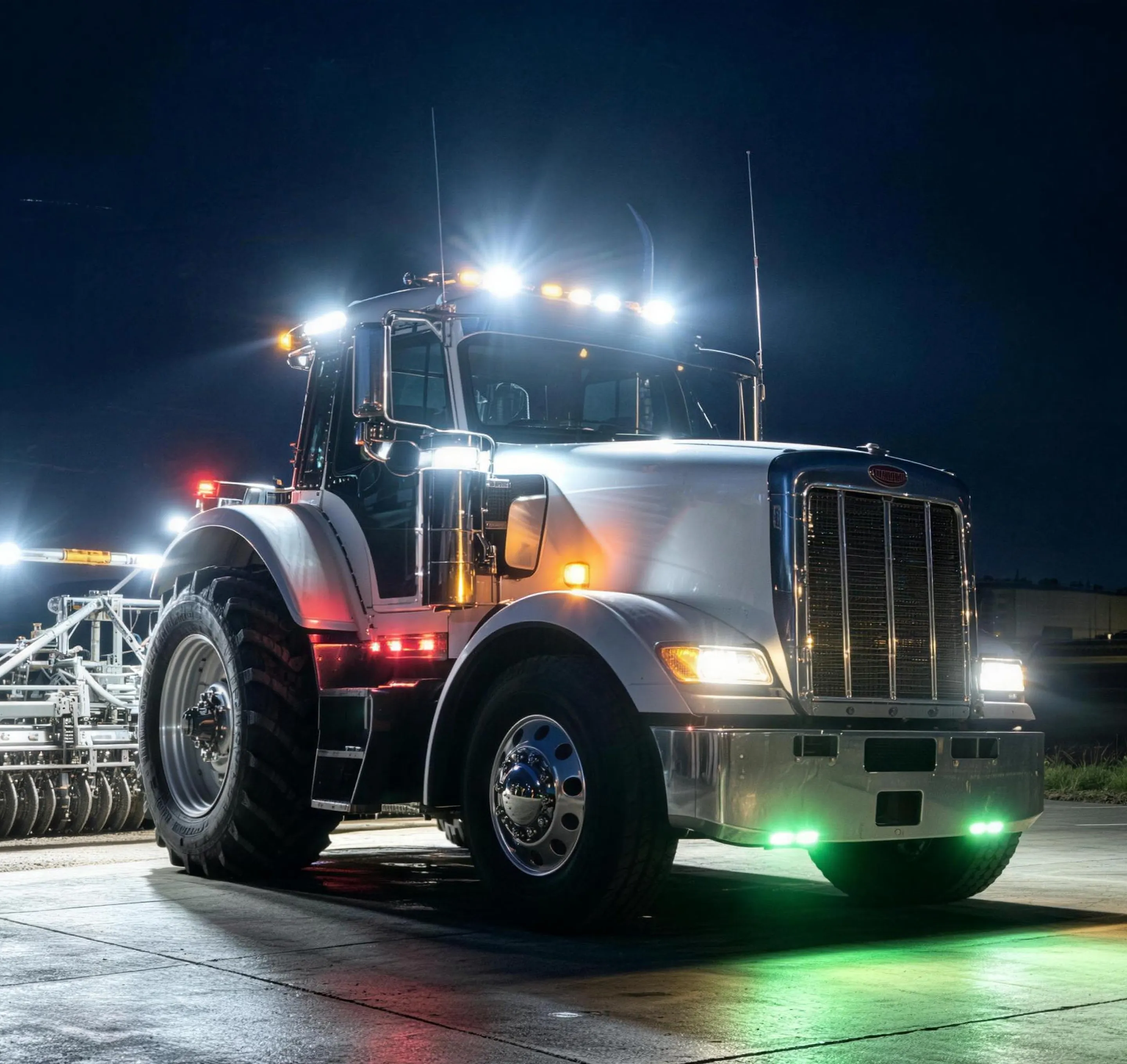 Forklift operating in a warehouse with bright LED work lights