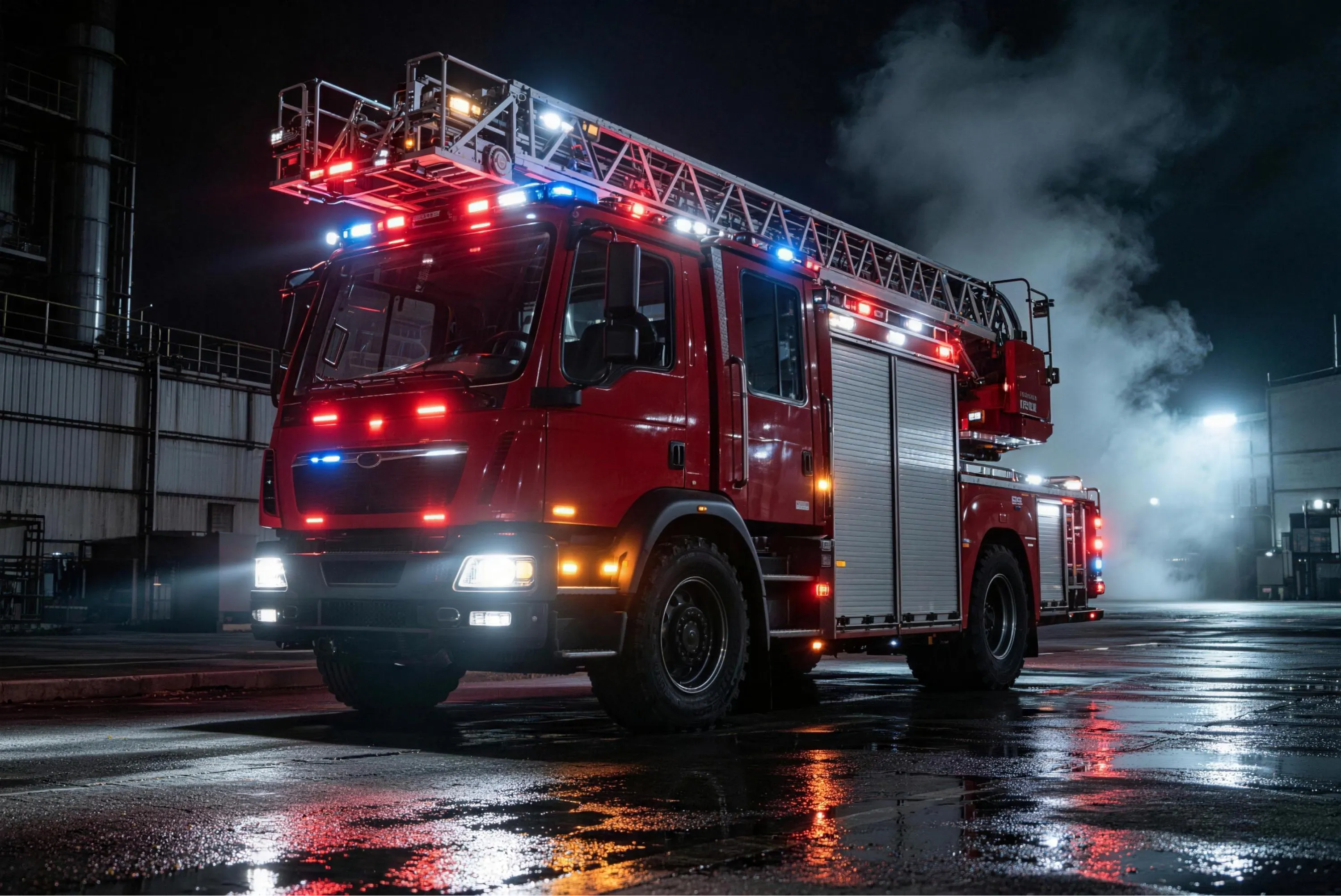 Emergency response vehicle with red and blue lights illuminated