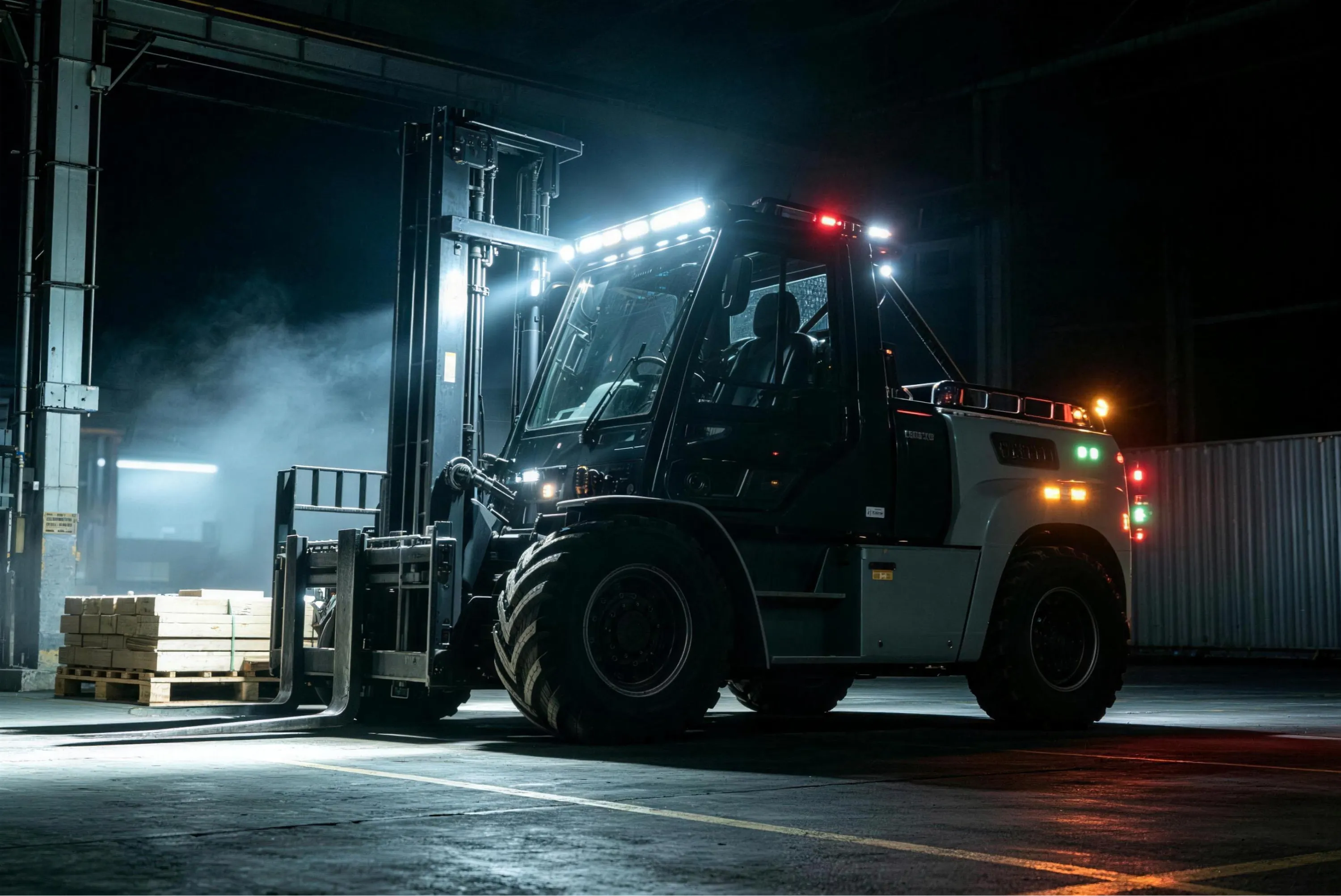 Forklift operating in a dark warehouse with LED safety lights