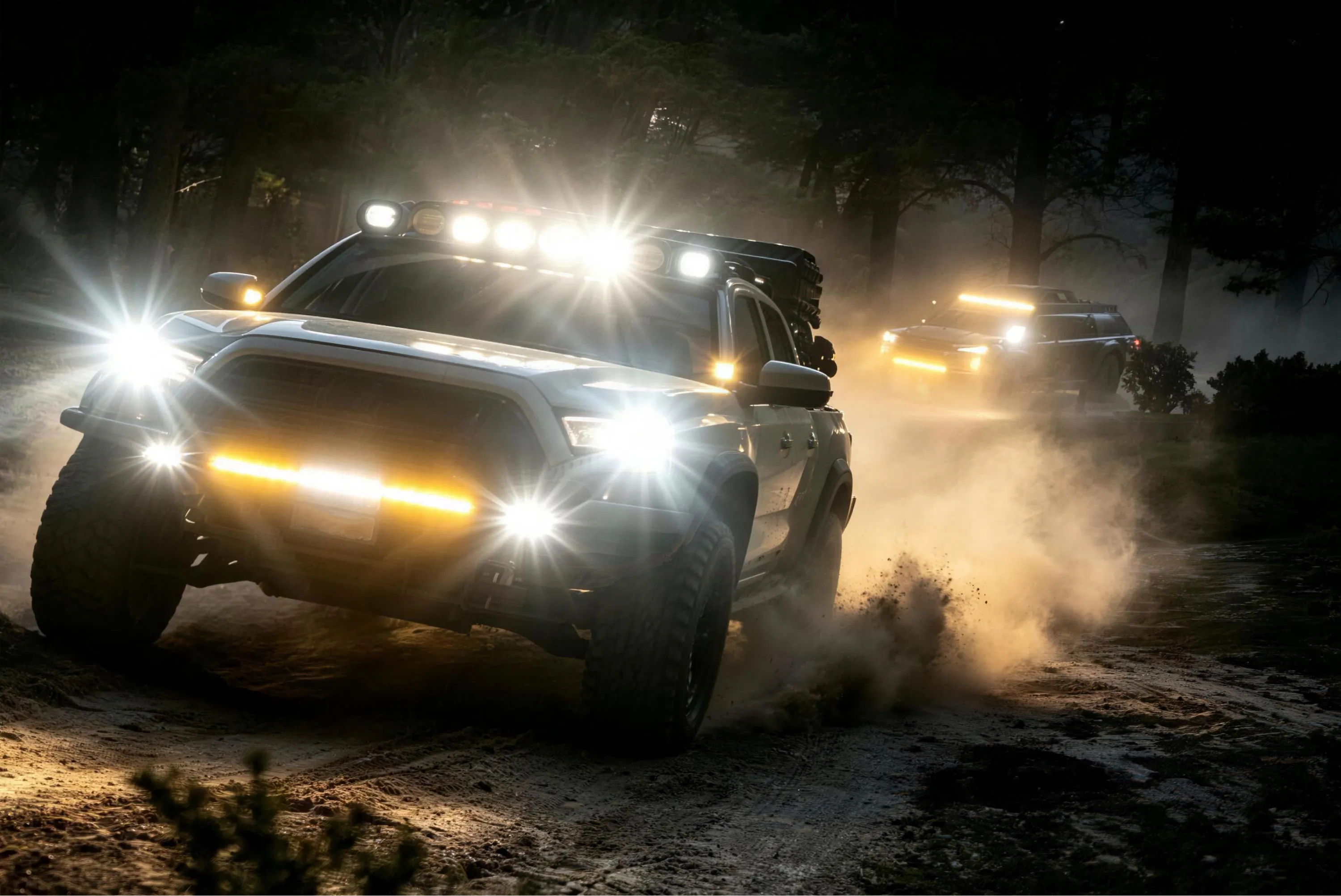 Off-road 4x4 with an LED light bar driving at night