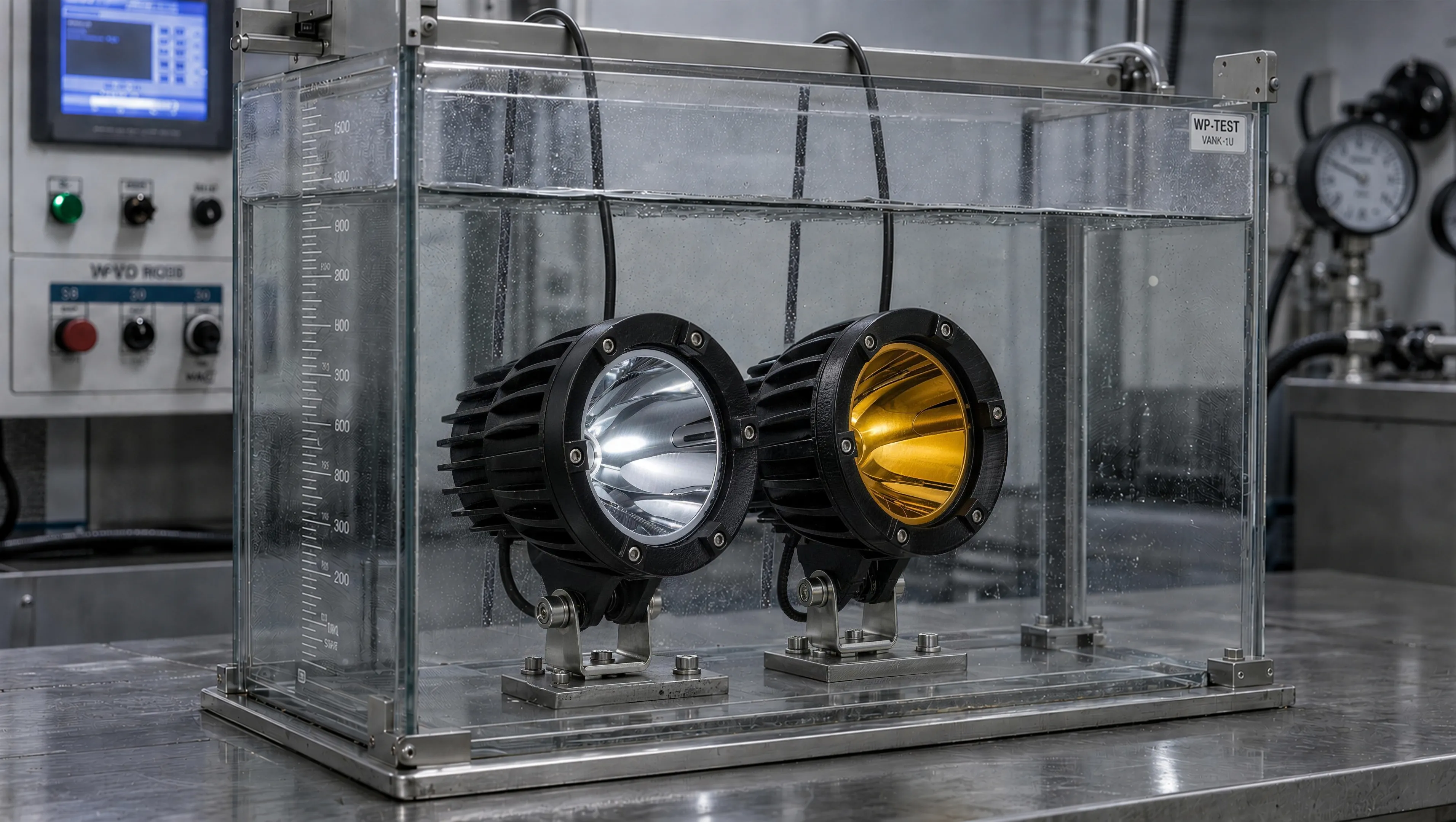 Automotive lighting product undergoing waterproof testing