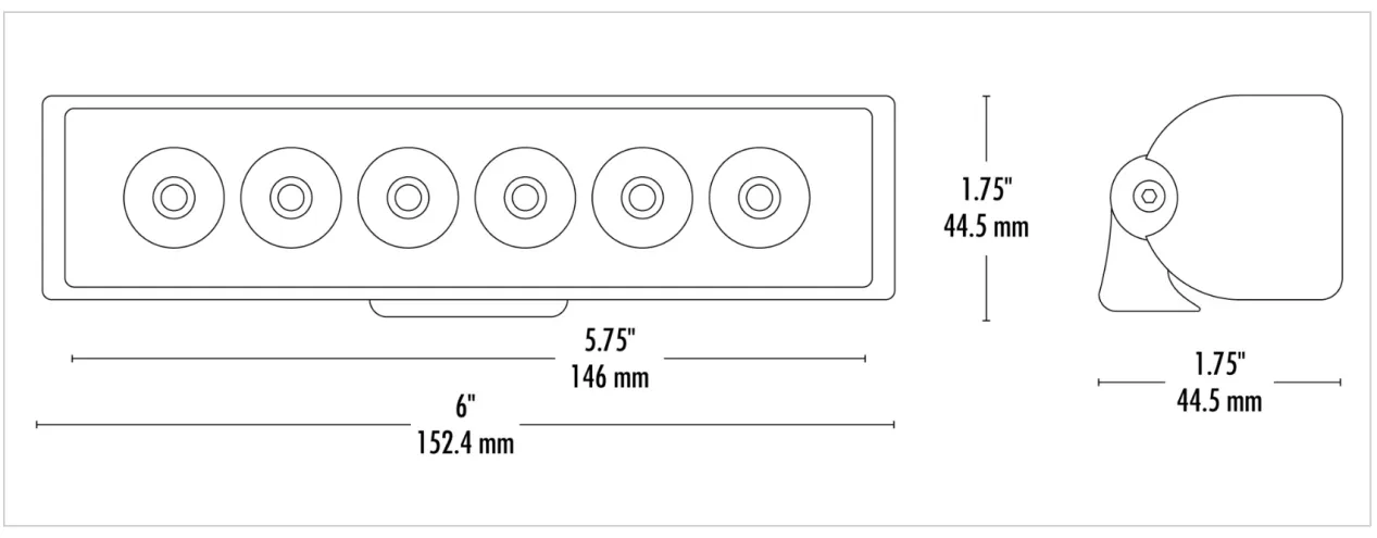 Dimension drawing showing front and side views of the round work light