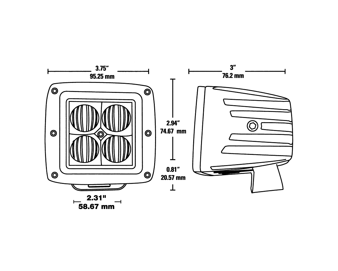 Dimension drawing showing front and side views of the round work light