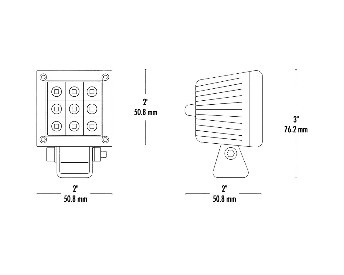 Dimension drawing showing front and side views of the round work light