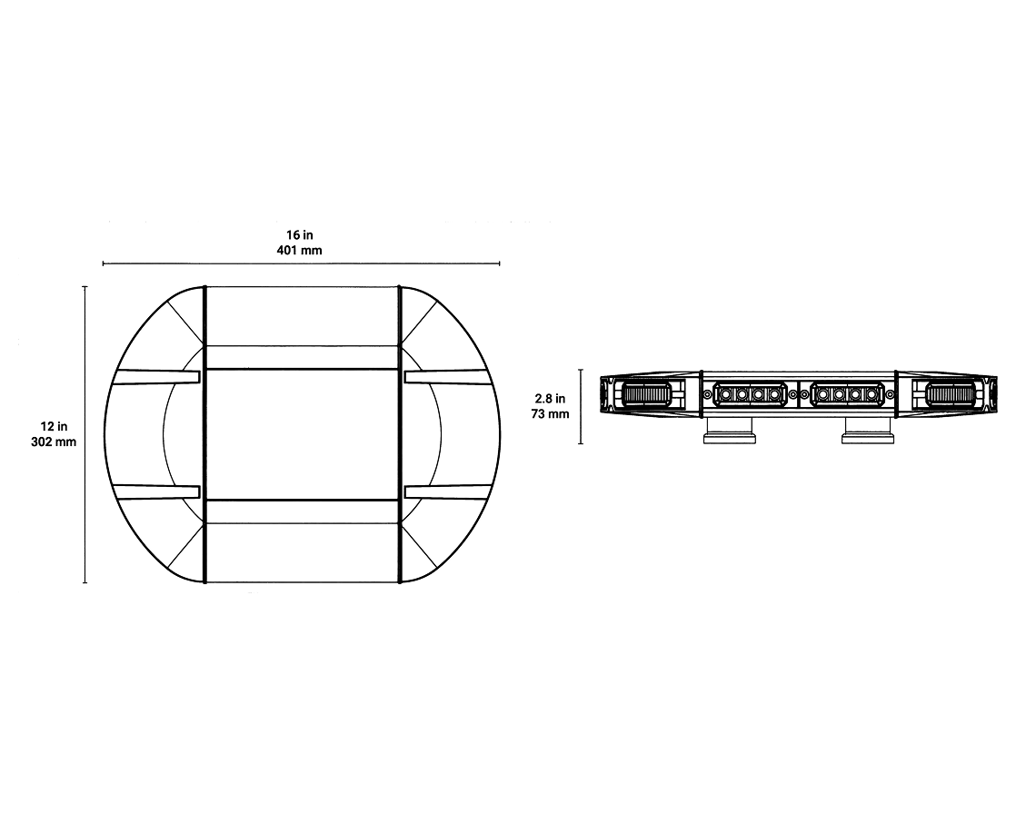Dimension drawing showing front and side views of the round work light