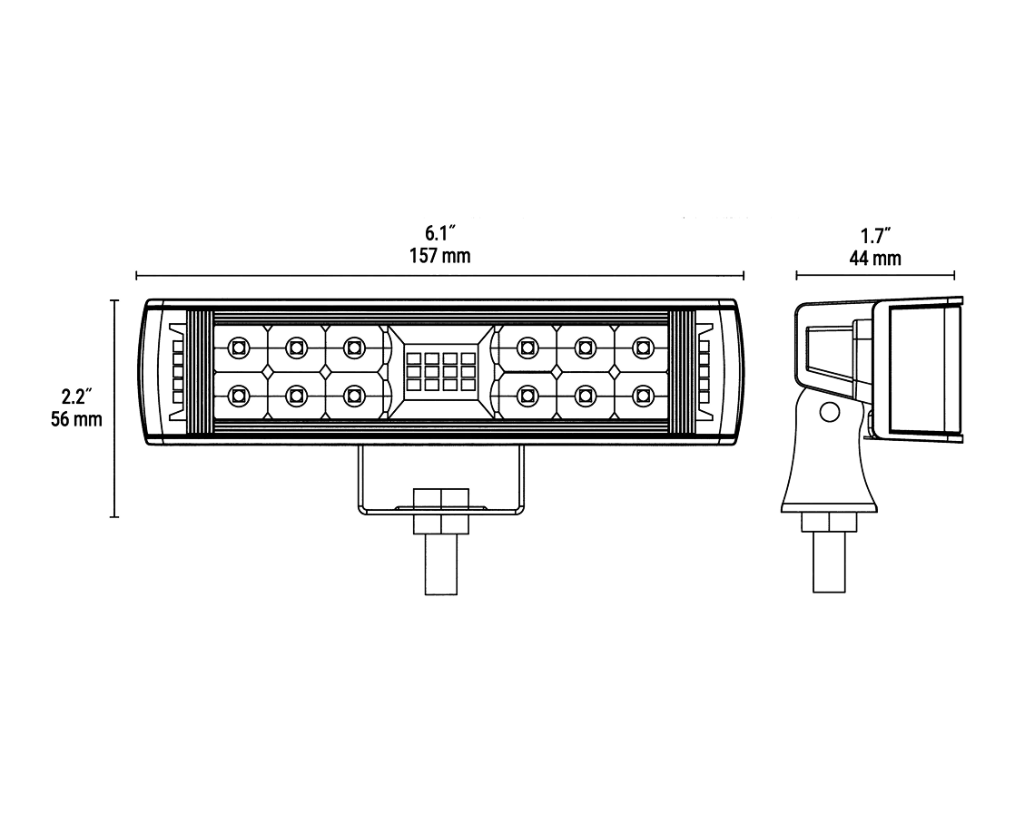 Dimension drawing showing front and side views of the round work light