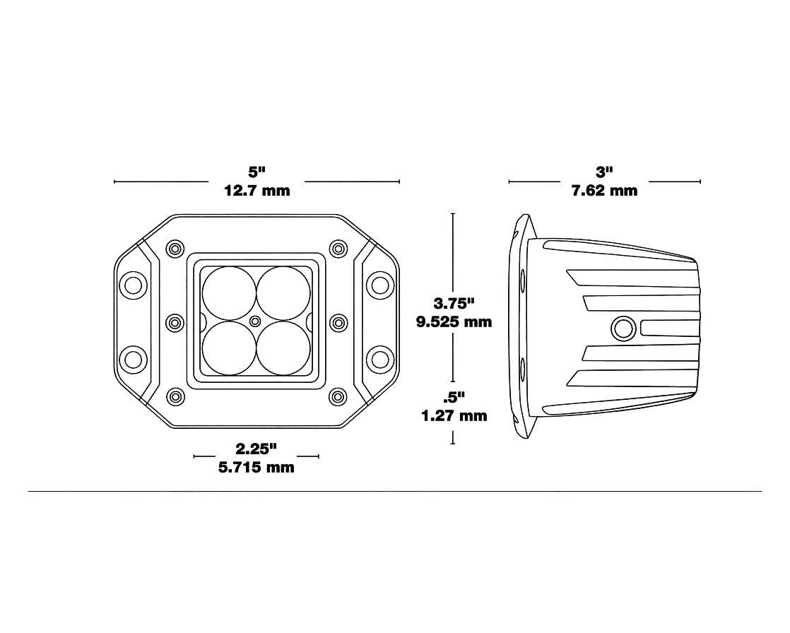 Dimension drawing showing front and side views of the round work light