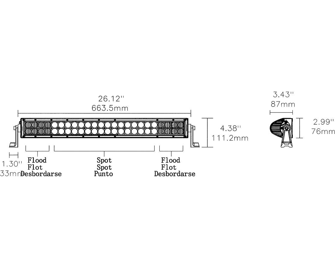 Dimension drawing showing front and side views of the round work light