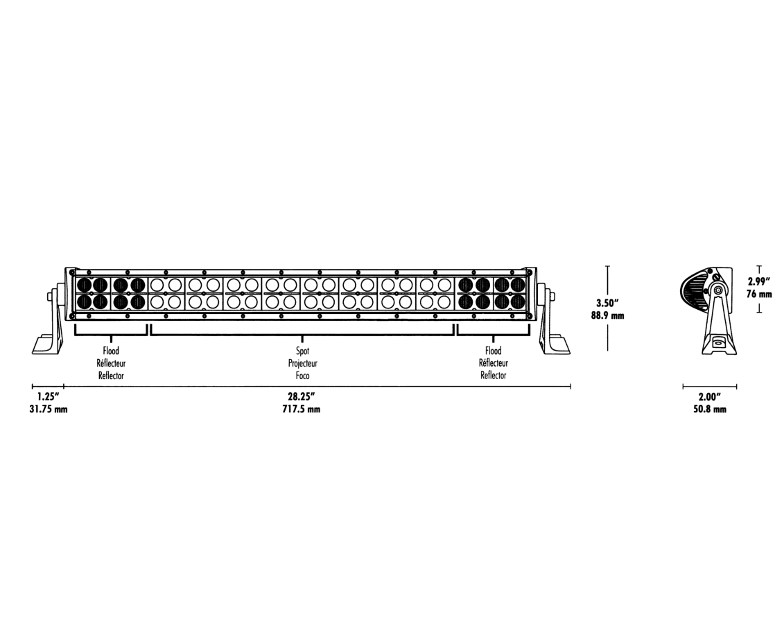 Dimension drawing showing front and side views of the round work light