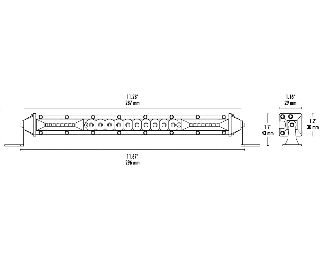 Dimension drawing showing front and side views of the round work light