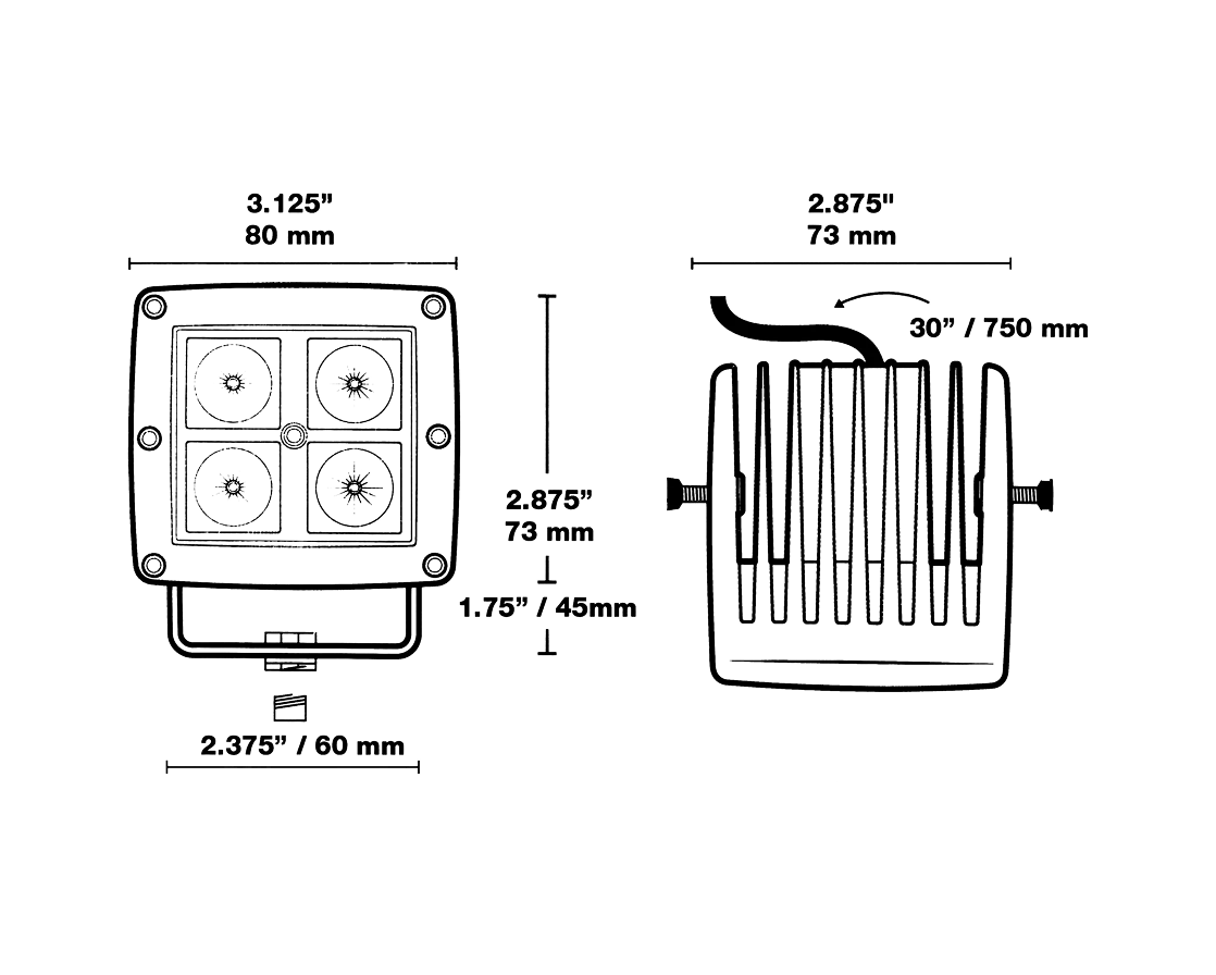 Dimension drawing showing front and side views of the round work light