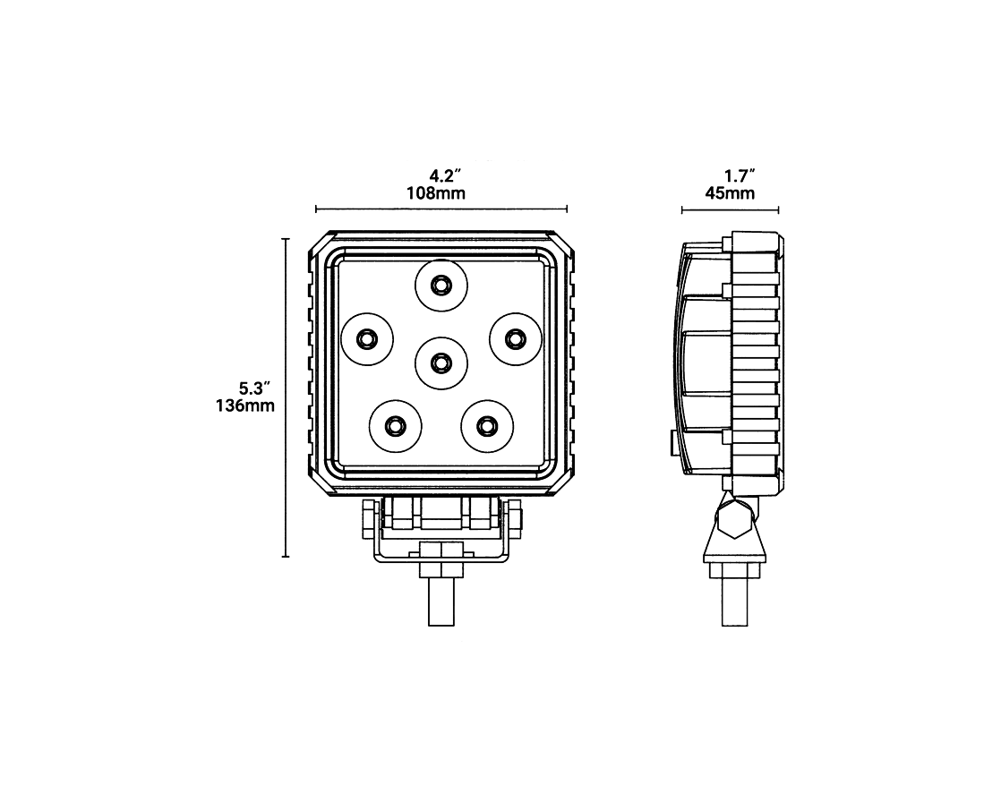 Dimension drawing showing front and side views of the round work light