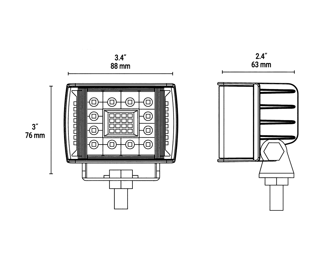 Dimension drawing showing front and side views of the round work light