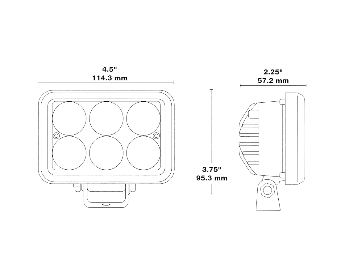 Dimension drawing showing front and side views of the round work light