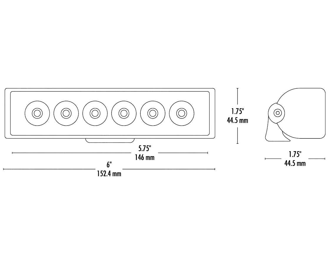 Dimension drawing showing front and side views of the round work light