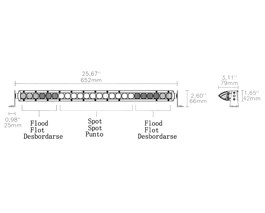 Dimension drawing showing front and side views of the round work light
