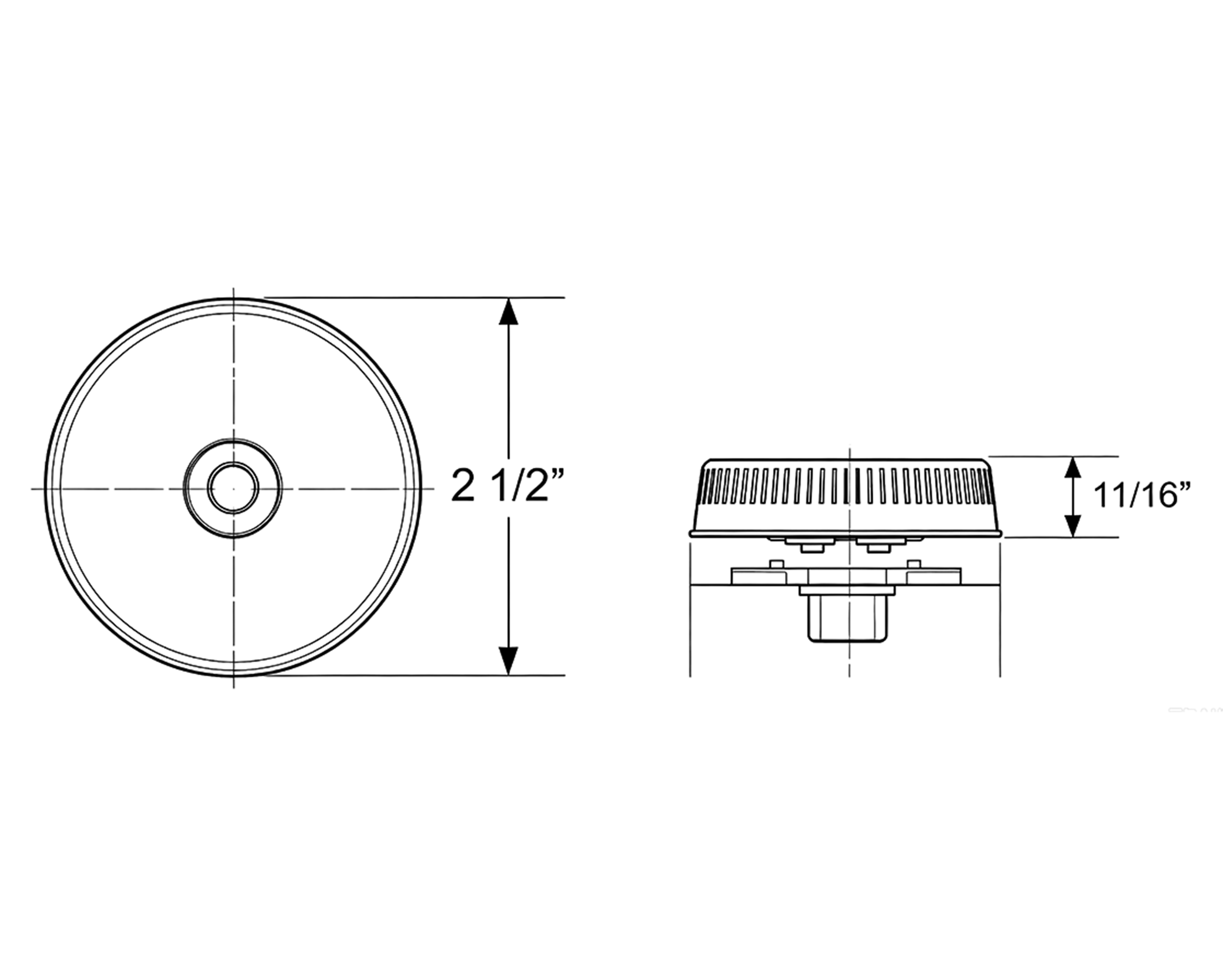 Dimension drawing showing front and side views of the round work light