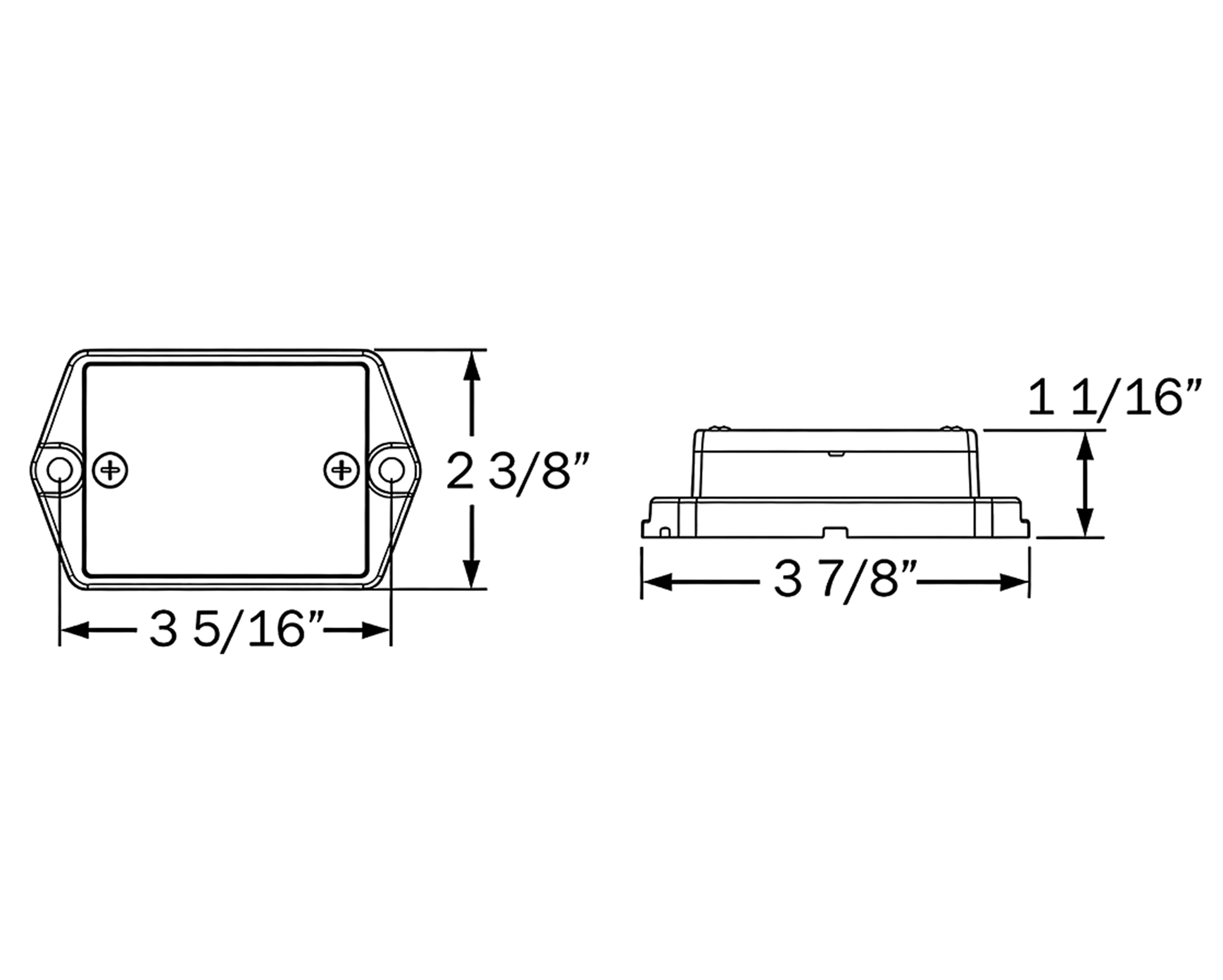 Dimension drawing showing front and side views of the round work light