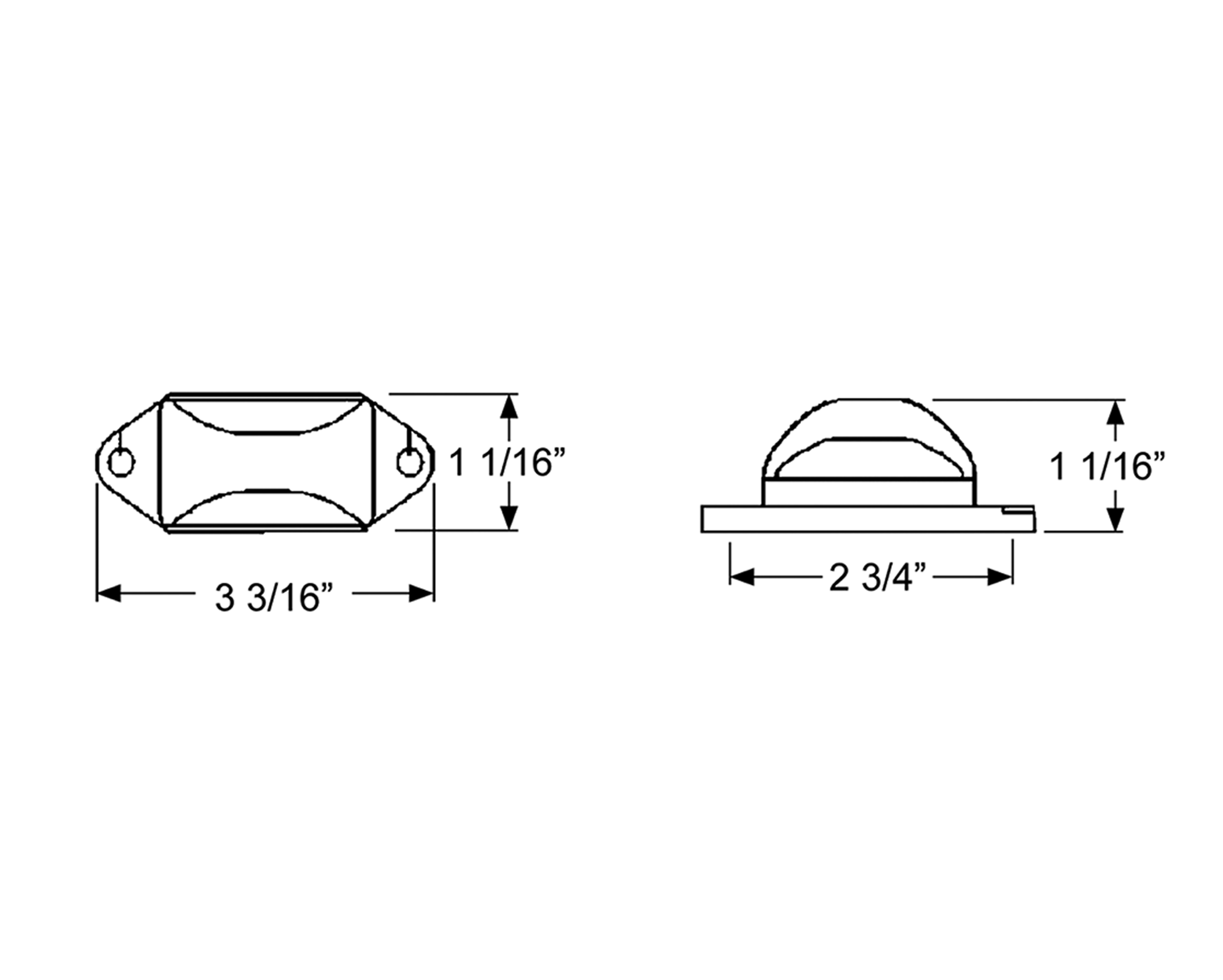 Dimension drawing showing front and side views of the round work light